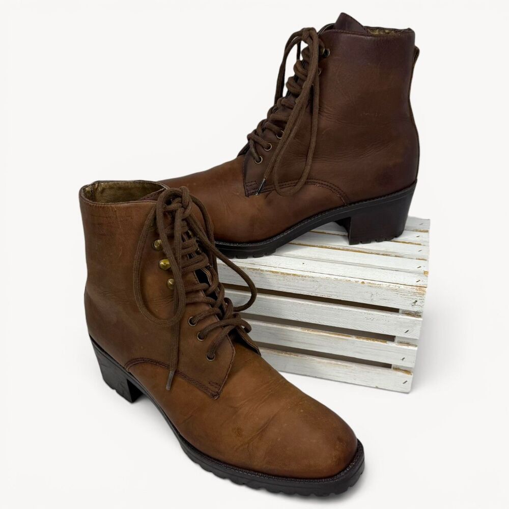 Fanfares Brown Leather Lace Up Block Heel Ankle Boots Womens Size 8.5